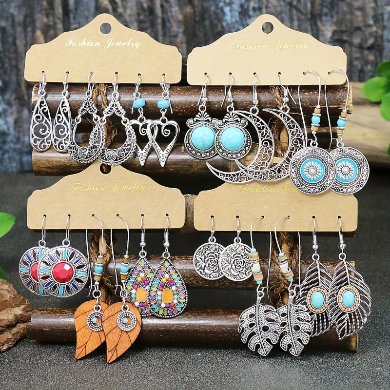 Retro Ethnic Metal Earrings Women\'s 3 Pairs Set Water Droplet Shaped Silver Color Carved Indian Earrings Bohemian Ears Jewelry