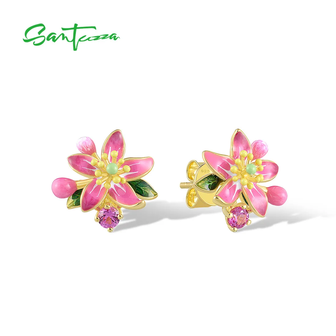 

SANTUZZA Pure 925 Sterling Silver Stud Earrings For Women Created Pink Sapphire Enamel Blooming Flower Chic Fine Jewelry