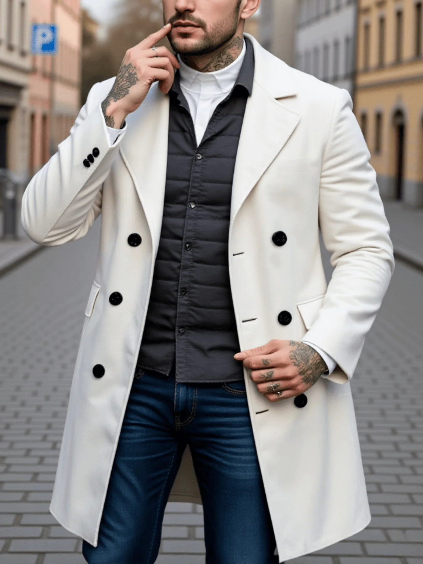 

Men's Double-Breasted Wool Overcoat Thickened Winter Trench Coat Windproof Warm European American Fashion Trend