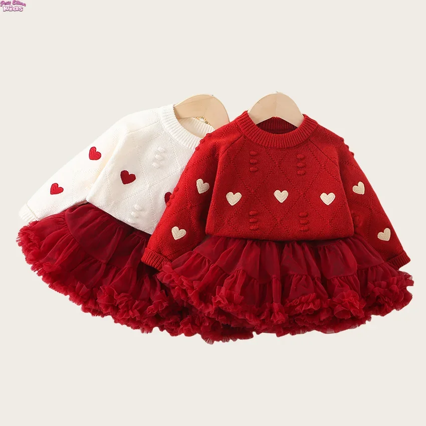 

Kids Girl Knit and Tulle Dress Set 2 - 7Y Children clothes GirlHeart Embroidered Sweater and Fluffy Mesh Skirt Cute Party Outfit