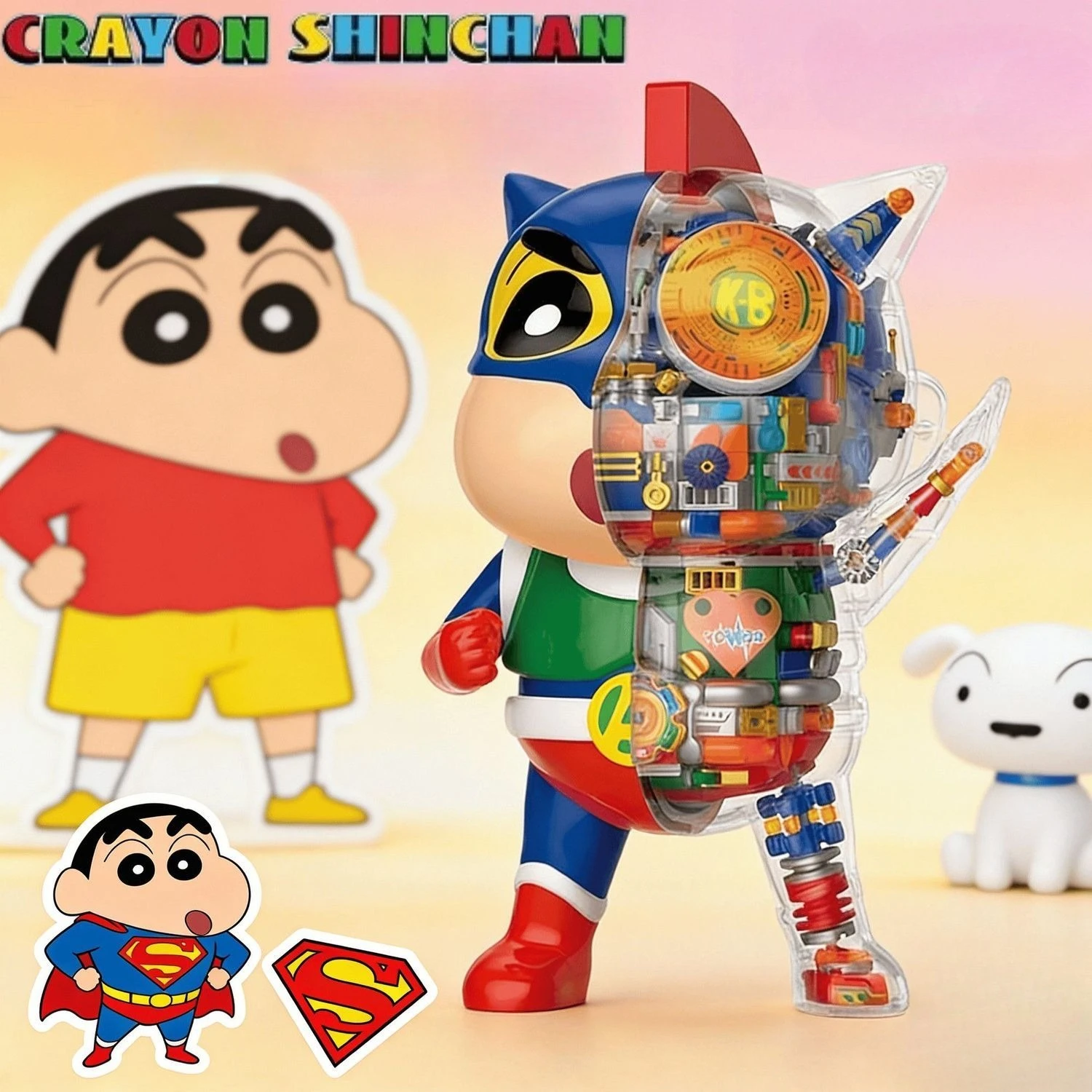 Crayon Shin-chan Building Blocks Semi-perspective Mecha Dynamic Superman Assembly Toy Children's Mechanical Style Model Gift