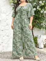 Plus Size Women's Multi-Color Paisley Print Square Neck Tie Waist Wide Leg Jumpsuit - Image 3