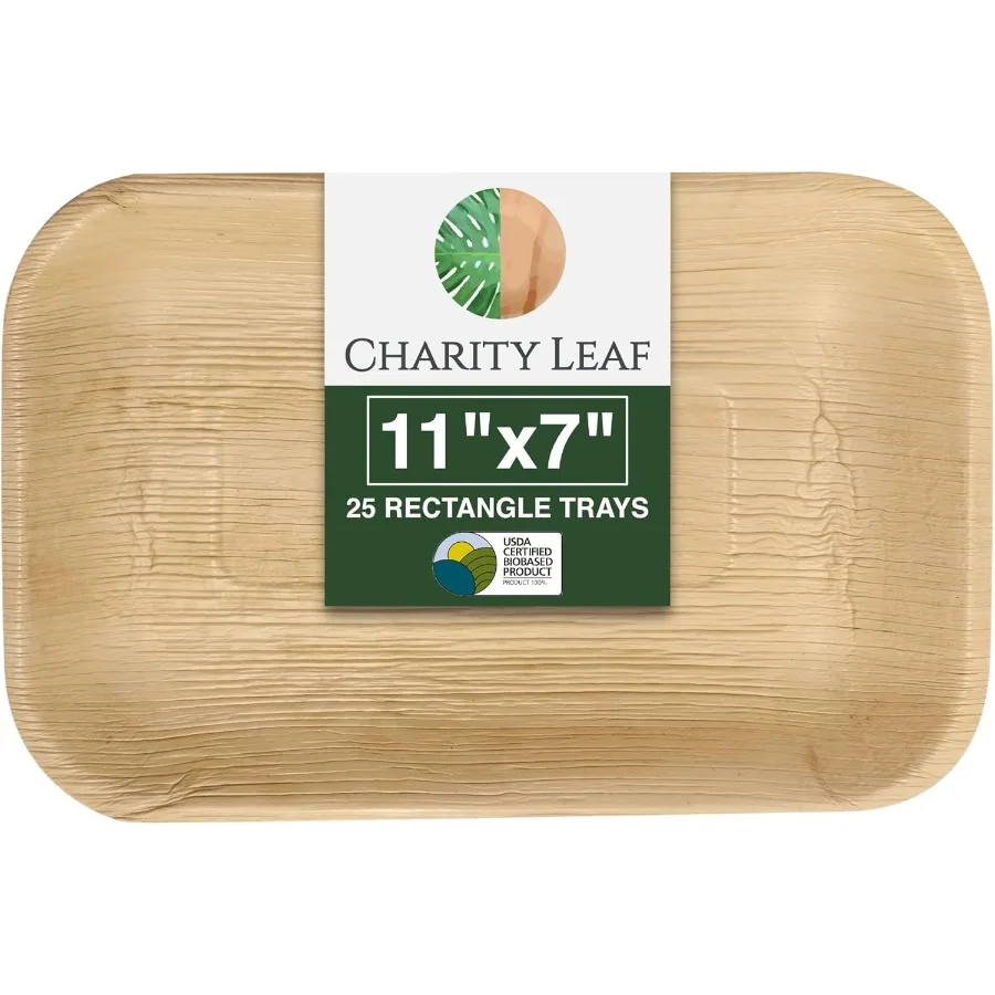 

Экологичные подносы для пальмовых листьев, 11x7, 25 упаковок, одноразовые сервировочные тарелки в бамбуковом стиле, идеально подходящие для свадеб, мероприятий, зеленые компостируемые D