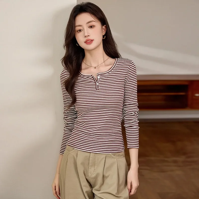 Striped Long Sleeve T Shirt Women Slim Half Placket Button Crew Neck Casual Basic Autumn Winter Bottoming Top