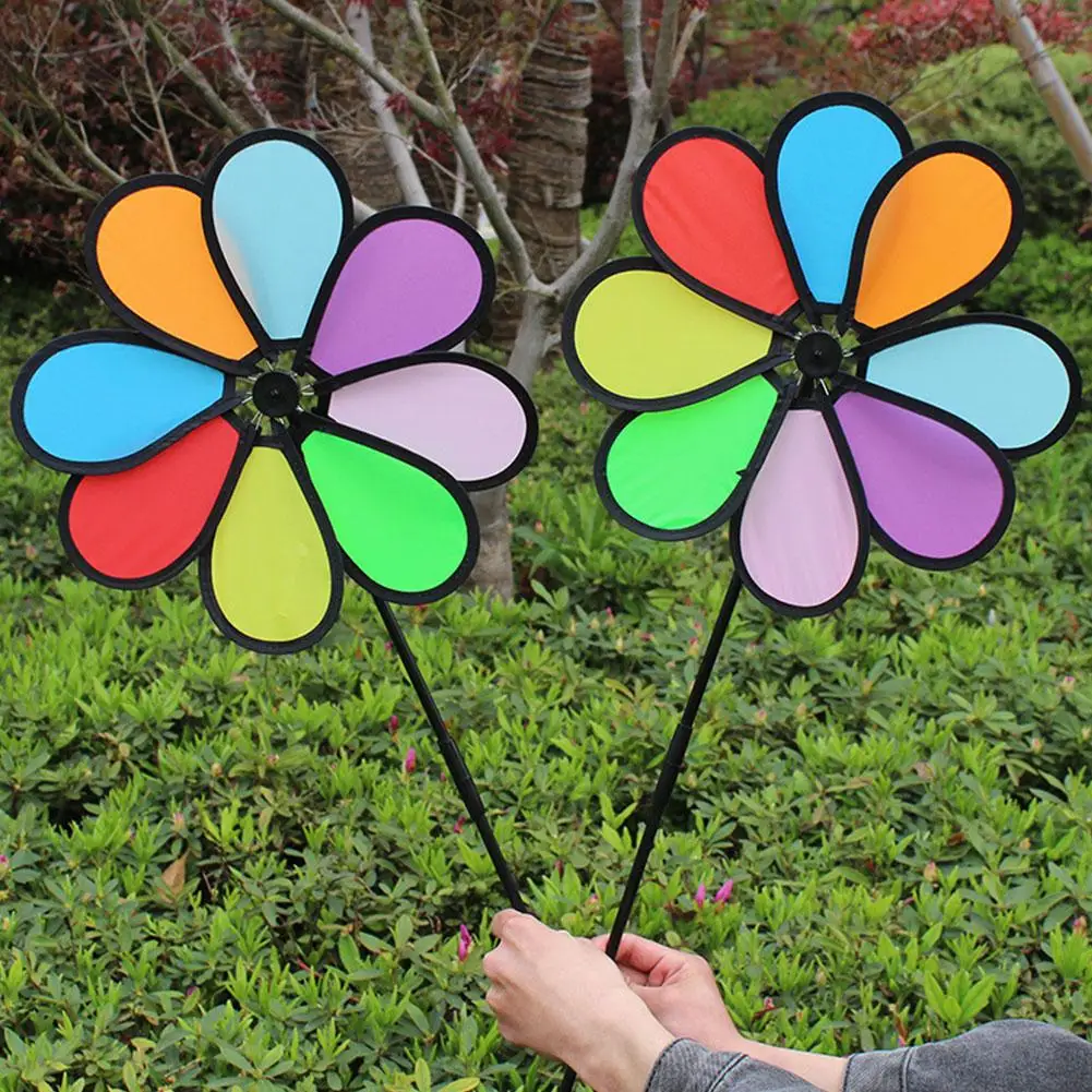 Lantejoula Windmill Floor Insert com punho plástico, Pinwheels ao ar livre, colorido para a festa, berçário, decoração do jardim