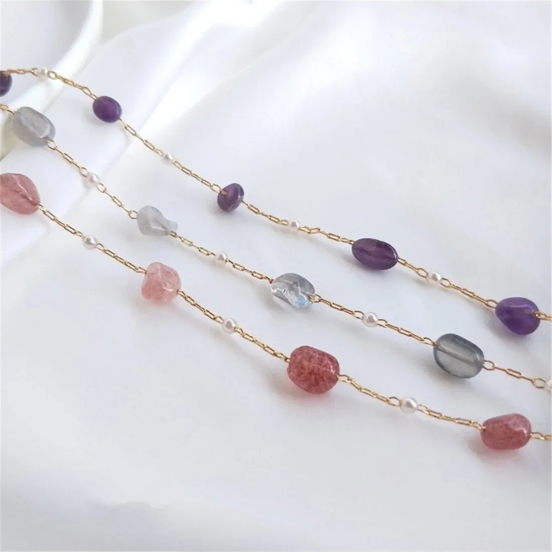 14K Gold Pack Korean Handmade Chain Strawberry Crystal Elongated Amethyst Rectangular Chain DIY Bracelet Jewelry Accessories