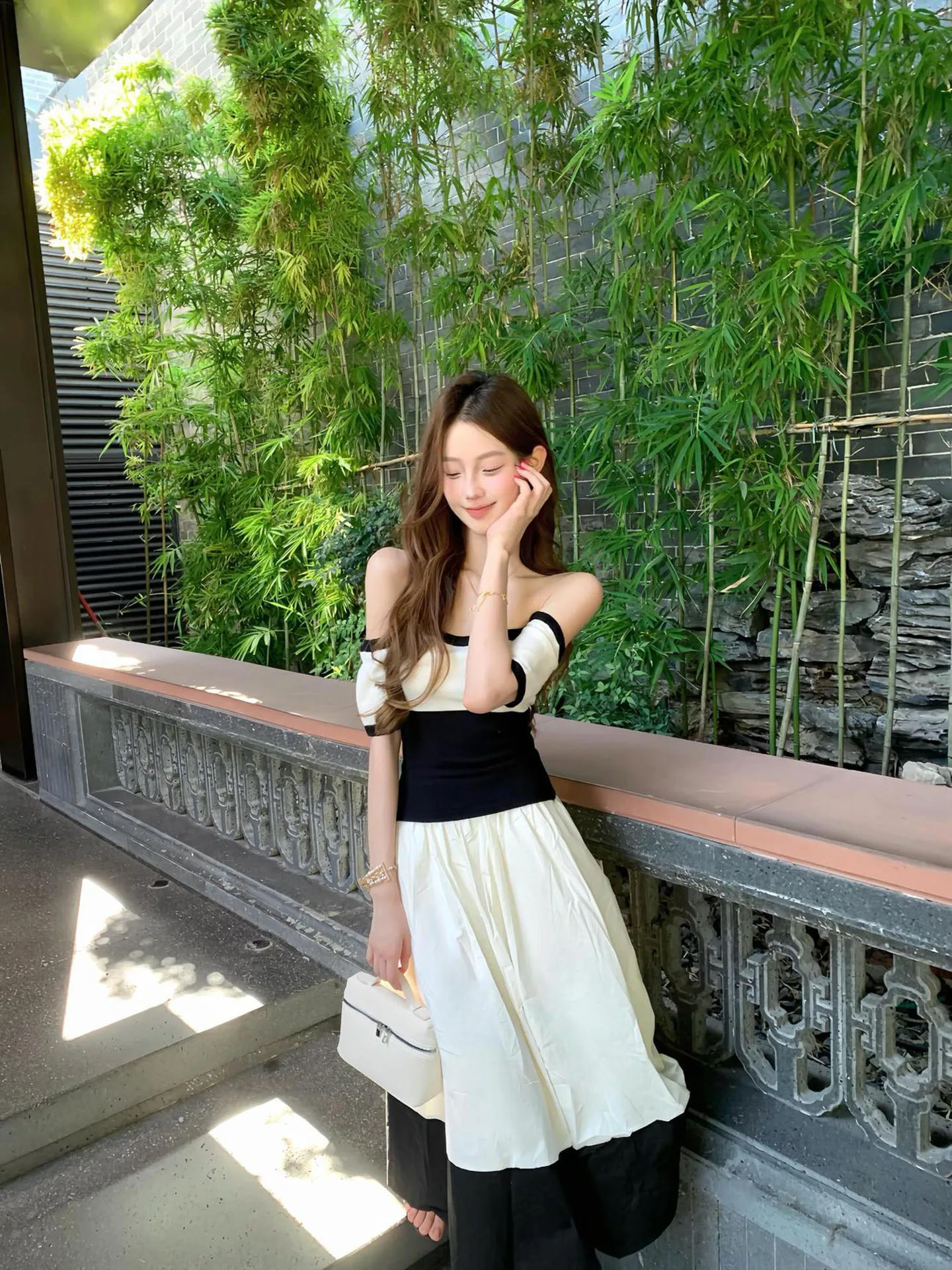 Color Block Short Sleeve One Shoulder Top with Elegant Midi Skirt Two Piece Set Korean Style Unique Fashion Casual Wear