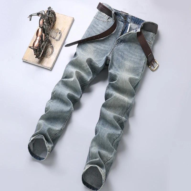 Retro Blue Washed Jeans Men's Daily Wear Office Business Simplicity Loose Straight Stretch Men's Long Pants