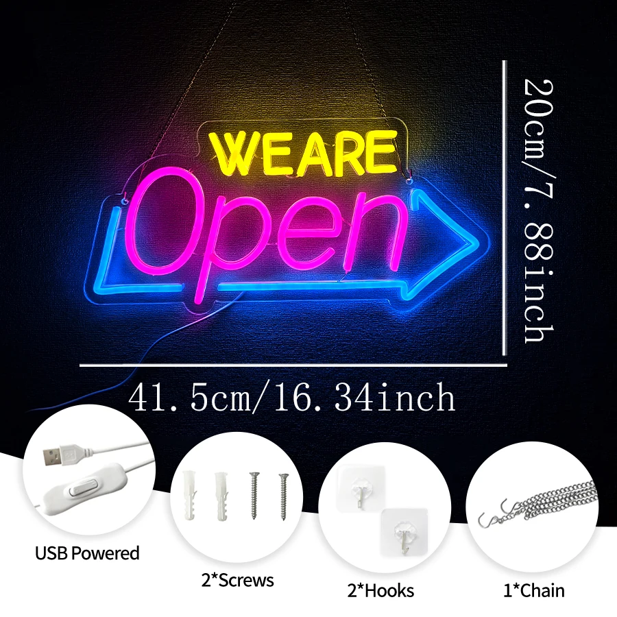 WE ARE OPEN Arrow LED Neon Sign USB Powered, Light Up Business Guide Sign for Store, Food Truck, Bar, Café, Restaurant Wall Deco