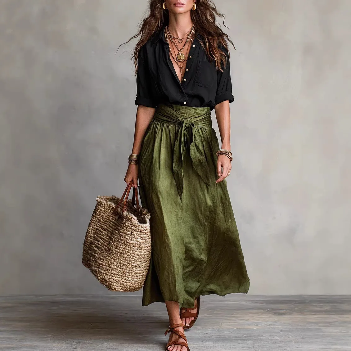 

Buttoned Solid Color Long-sleeved Top High Waist Strapped A-line Skirt Contrasting Color Two-piece Set Womens Summer Casual Suit