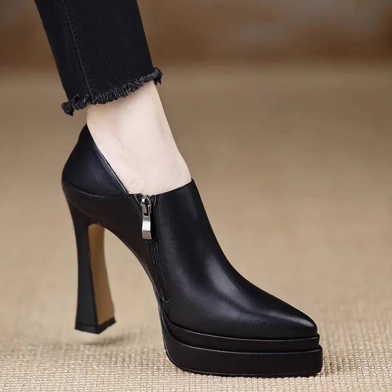 2025 Spring New Platform Advanced Pointed Toe Single Shoes Block Heel Comfortable Women's Shoes