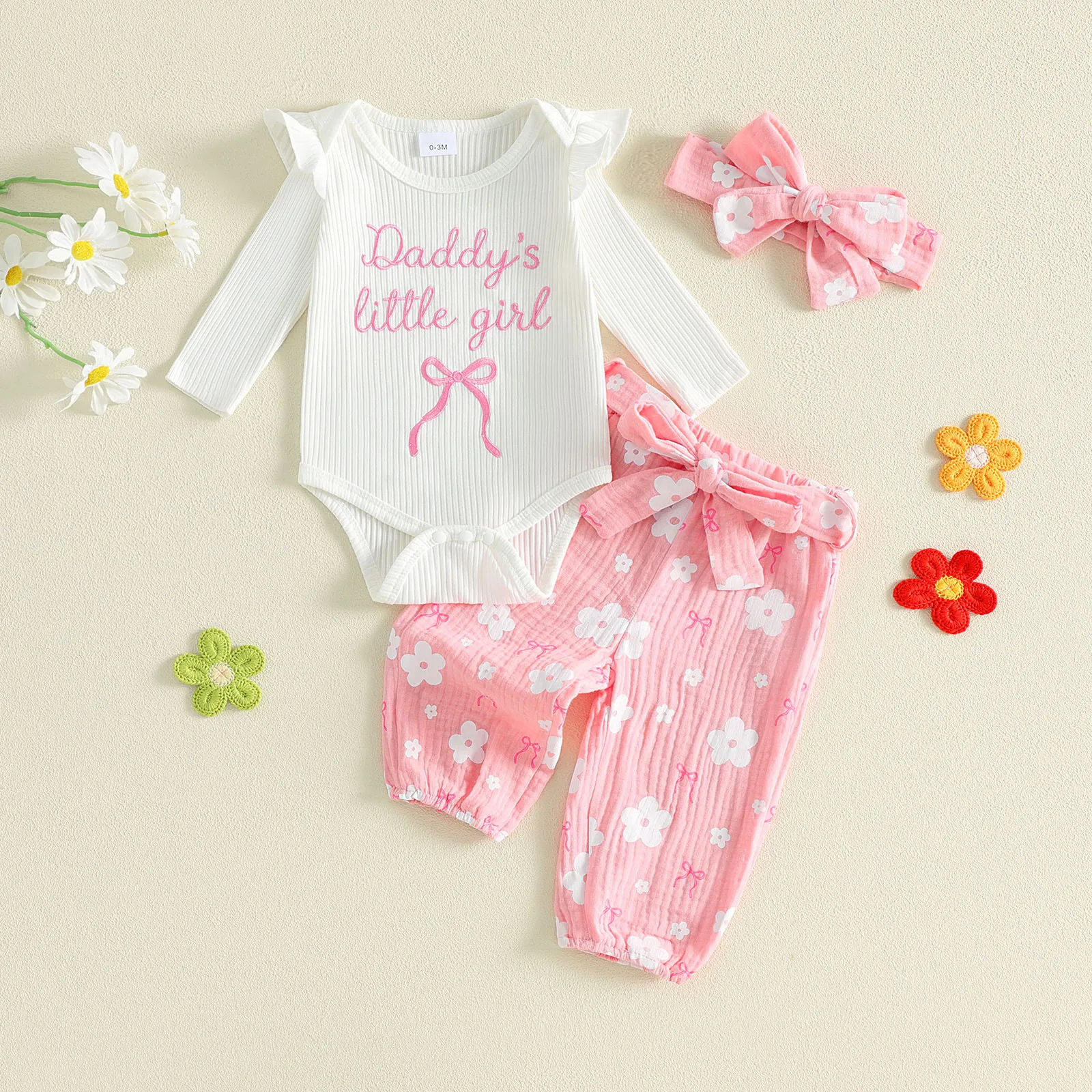 Infant Girls Fall Outfits Ruffle Long Sleeve Crew Neck Letters Bow Embroidery Romper Floral Print Pants Headband Set