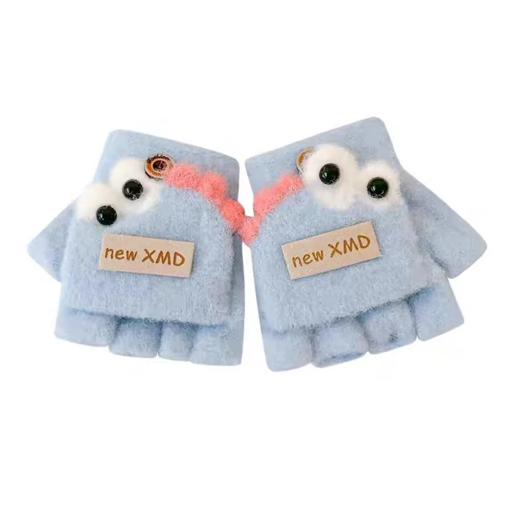 Cartoon Autumn Winter Gloves Cold Proof Thickened Knitted Gloves Hand Warmer Windproof Children Half Finger Flap Gloves