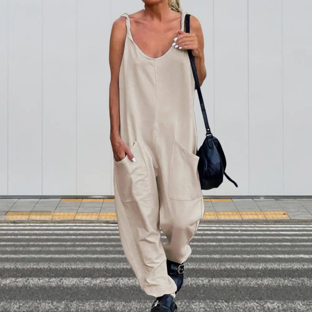 

Large Size 2024 Women Loose Casual Bib Overalls Cotton Linen Rompers Fashion Pockets Long Jumpsuits Wide Leg Strappy Dungarees