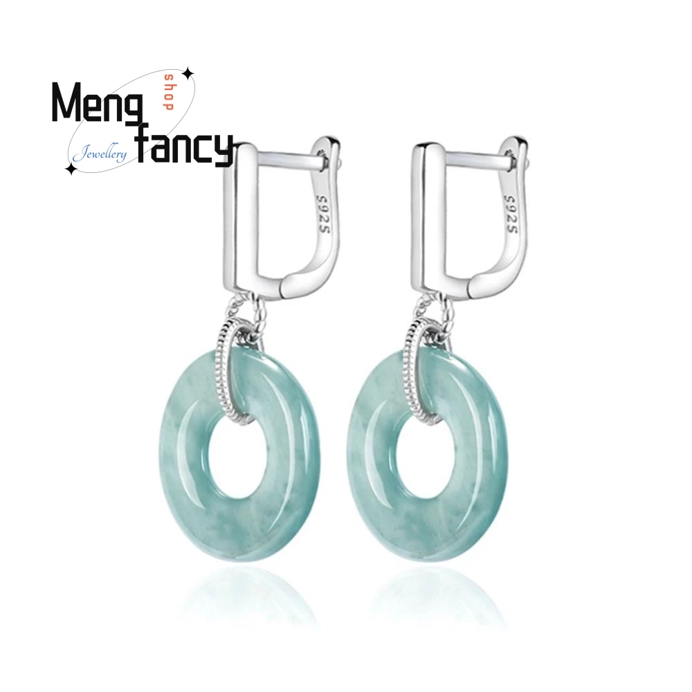 

High-grade S925 Silver Inlaid Natural A-goods Jadeite Jade Ring Blue Water Ice Jade Earrings Sexy Young Girls Fashion Jewelry