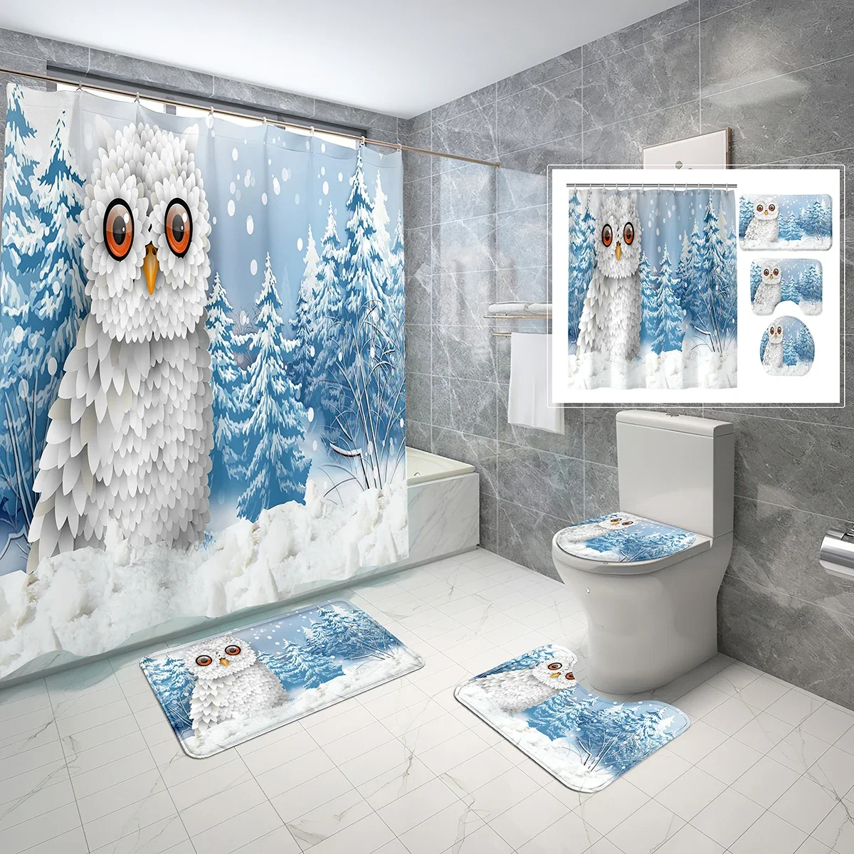 Owl Shower Curtain Set 4 Pcs 3D Cartoon Owl on Branch Shower Curtain Bathroom Non-Slip Bath Mat Toilet Cover Shower Curtain Set