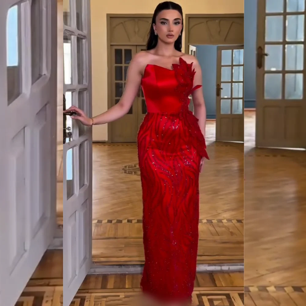 

Customized Intricate Matching Charmeuse Sequined Flower Straight Strapless Long Dresses Bespoke Occasion Sexy