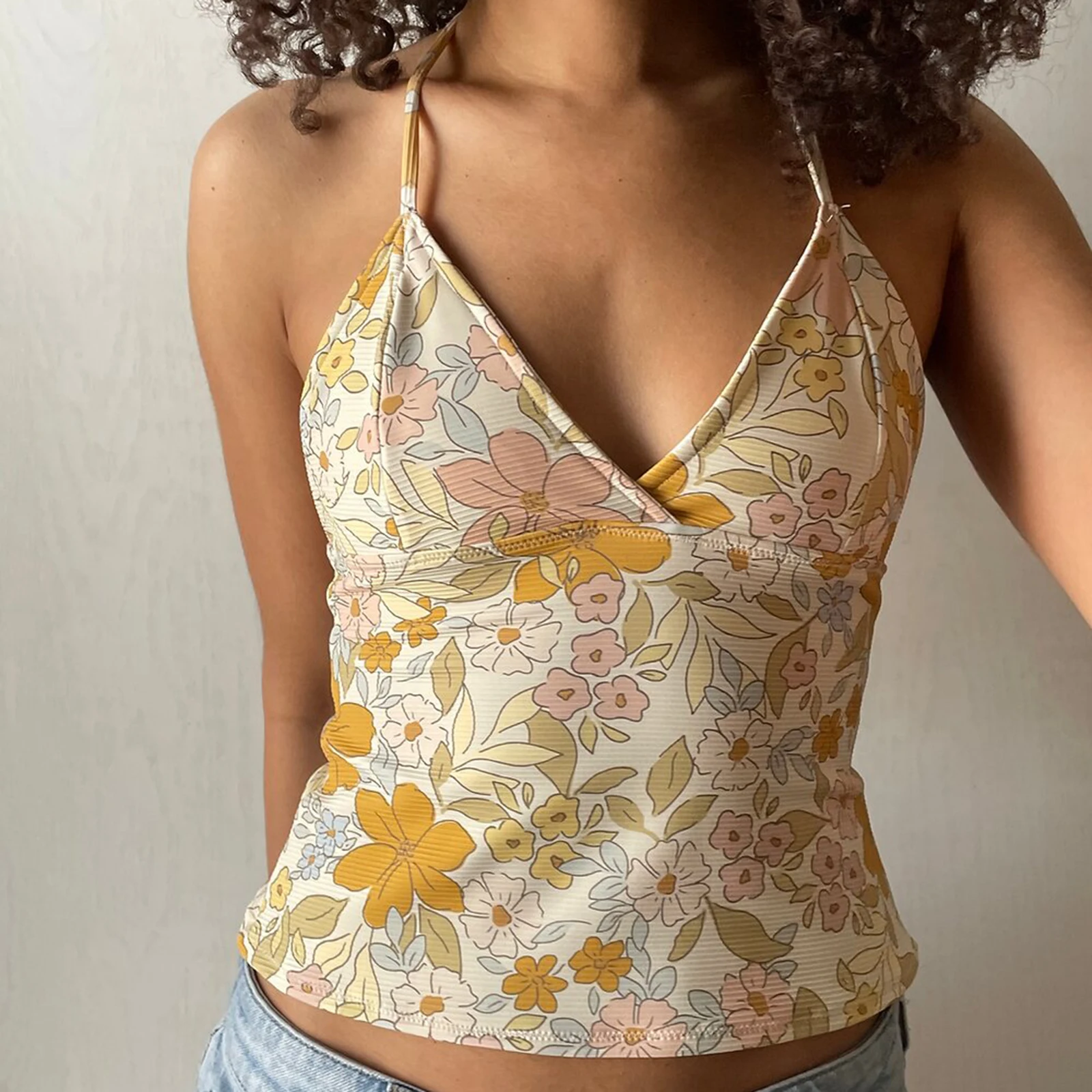 Women's Summer Backless Pajama Camisole Sleeveless Halter Neck Deep V Neck Flower Print Sleep Tops