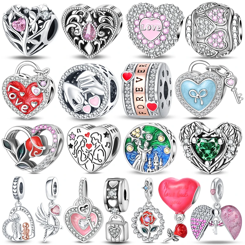 Infinite Love Heart Charm Beads Rose Couple Lock Key Dangle Charms Fits 3mm Bracelets For Valentine Day DIY Pendant Jewelry Gift