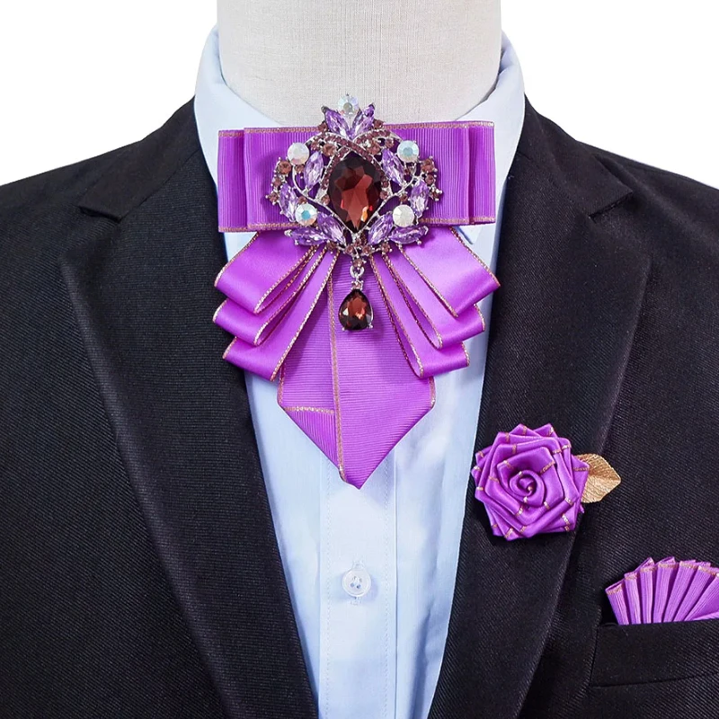 

Men's French Bow Tie Brooch Set British Banquet Suit Shirt Collar Flowers Luxury Wedding Jewelry Bow-tie Corsage Pins 3pcs Sets