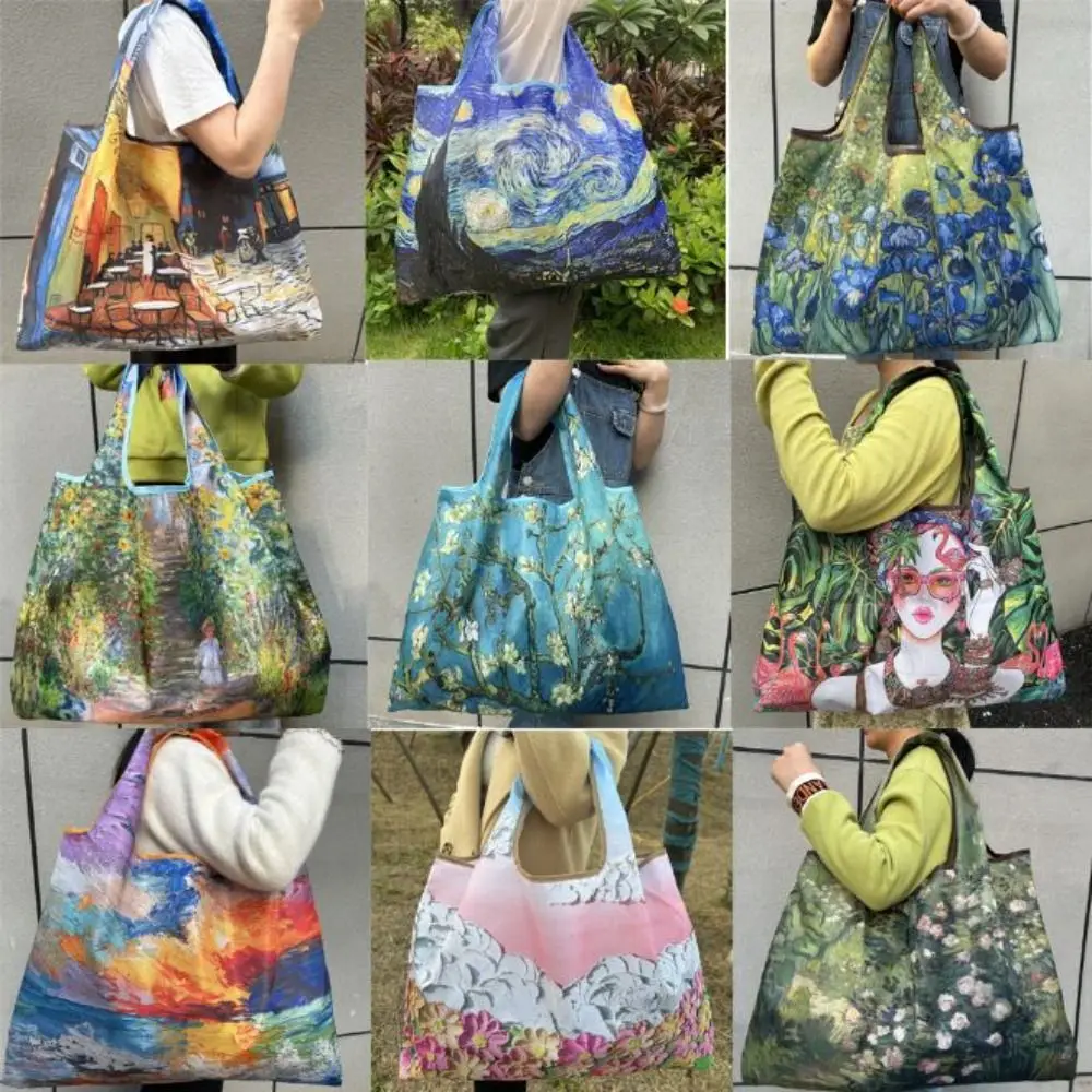 Oil Painting Print Folding Shopping Bag Portable Design Foldable Feature Grocery Bag Positioning Design Large Capacity