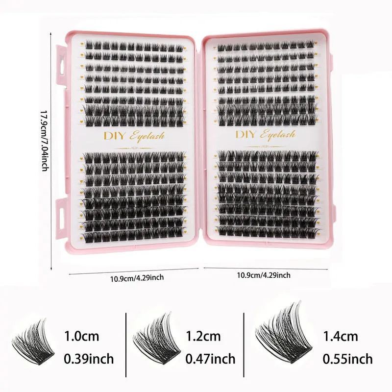 Eyelash extension set, 3 boxes of clustered eyelashes, including eyelash glue and eyelash removal and tweezers, thick and fluffy
