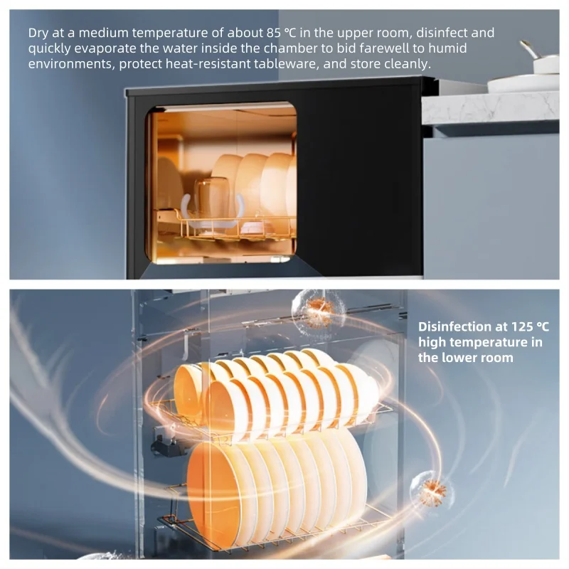 آلة تعقيم محمولة مدمجة 220 فولت لأدوات المطبخ بسعة 77 لتر، تجفيف وتطهير ساخن، غرفة مزدوجة 3 طوابق