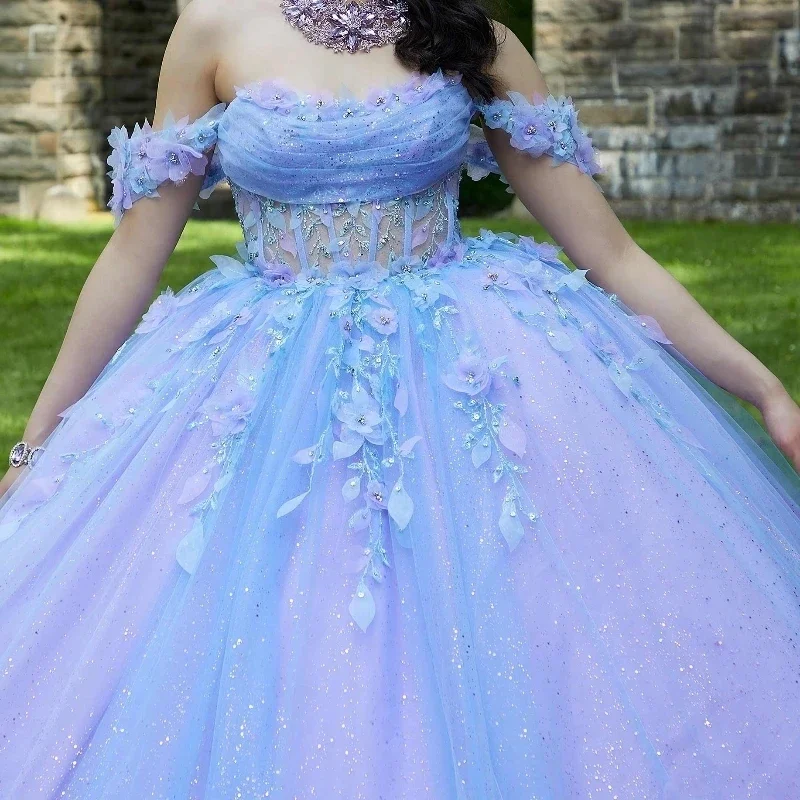 Customized Lavender Glitter Off The Shoulder Ball Gown Quinceanera Dresses Sweet 16 Princess Applique Lace Beads Prom Gowns