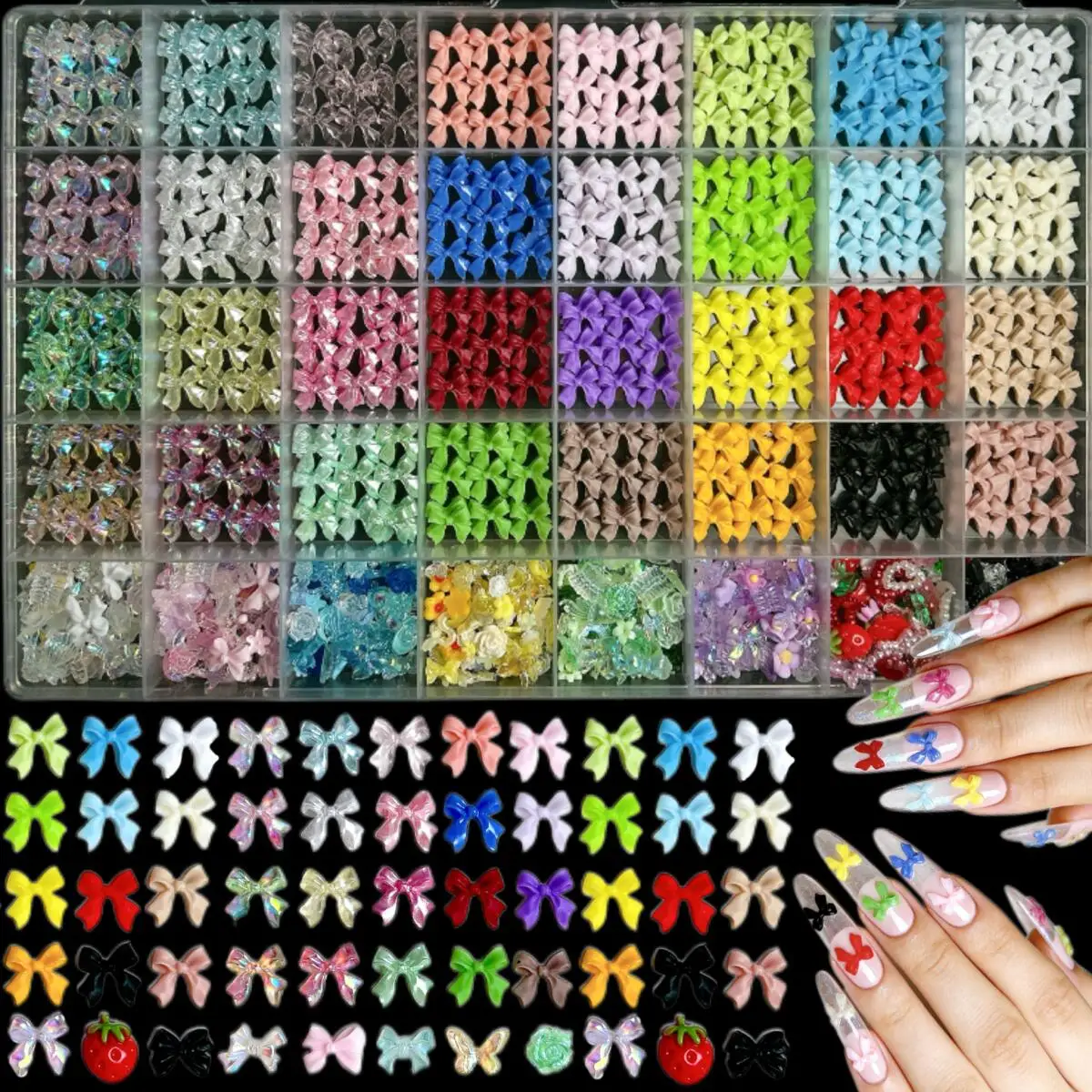 1Box 40 Grid Creative Sweet Ribbon Bows Nail Charms 3D Transparent Flowers Butterfly Moon Mixed Resin Nail Art Decorations DIY