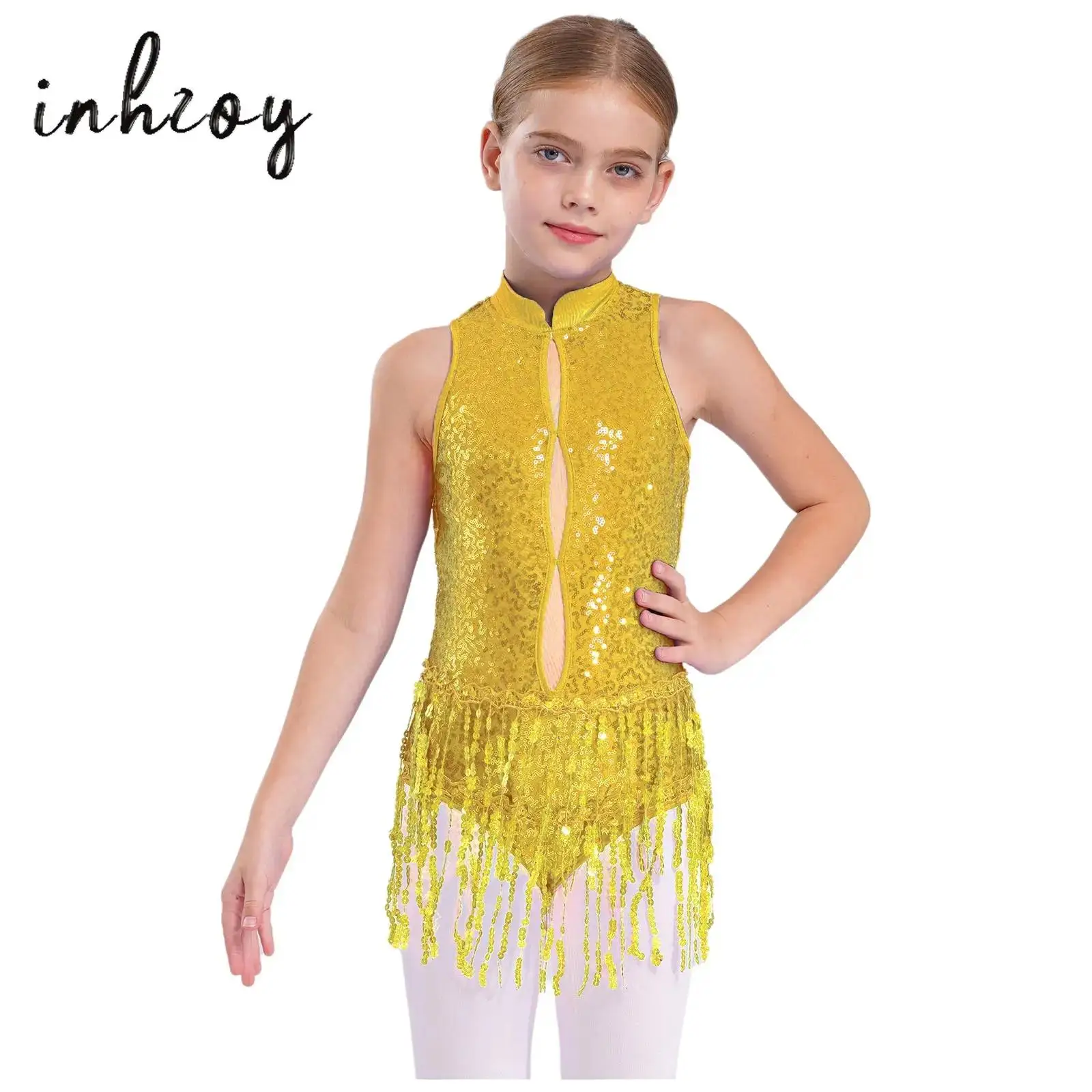 

Kids Girls Latin Jazz Dance Costume Sparkling Sequins Tassels Leotard Dancewear Sleeveless Cutout Back Keyhole Fringe Bodysuit