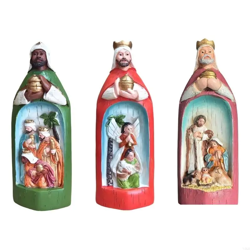 Resin Wise Men Figurine Religious Shelf Decors Painted Tabletop Nativity Scene Statue for Bookcase Desk Display and Holiday Y5GB