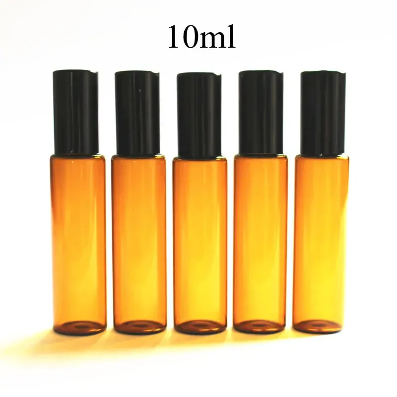 20pcs/lot 10ml Glass Roller Bottle Brown Roll on Bottles Sample Vials with Stainless Steel Ball and Aluminum Gold Silver Cap