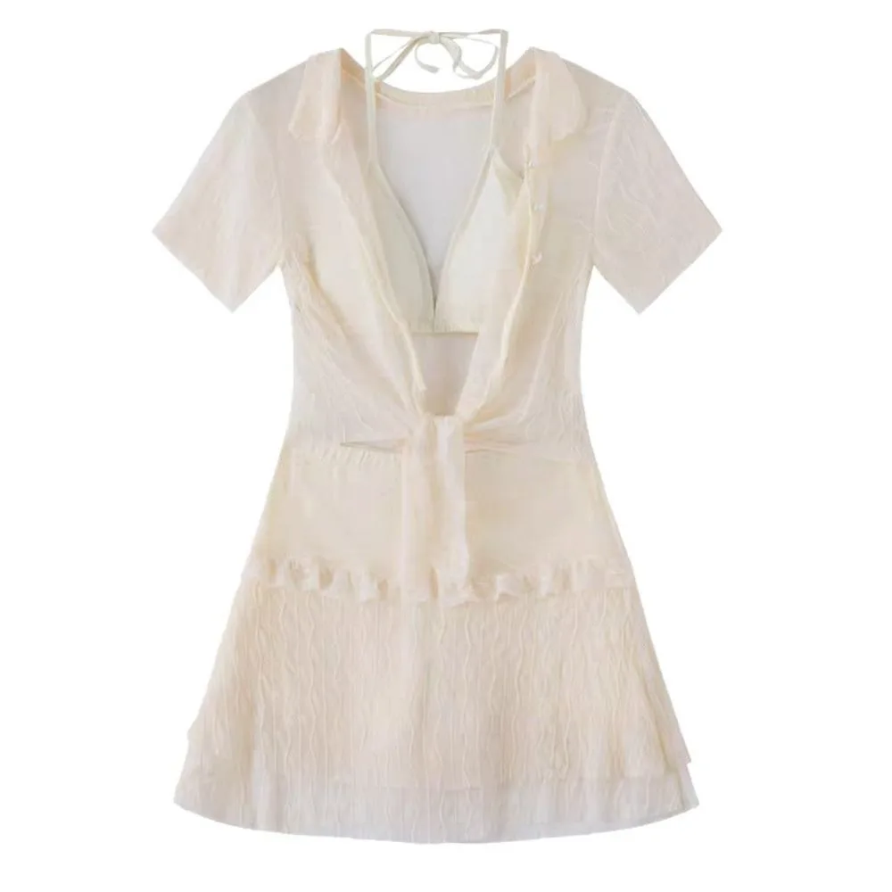 

Fashion Short Sleeve Three-pieces Swimsuit Ruffle Solid Cover-Ups Slimming High Waist Swimwear Summer