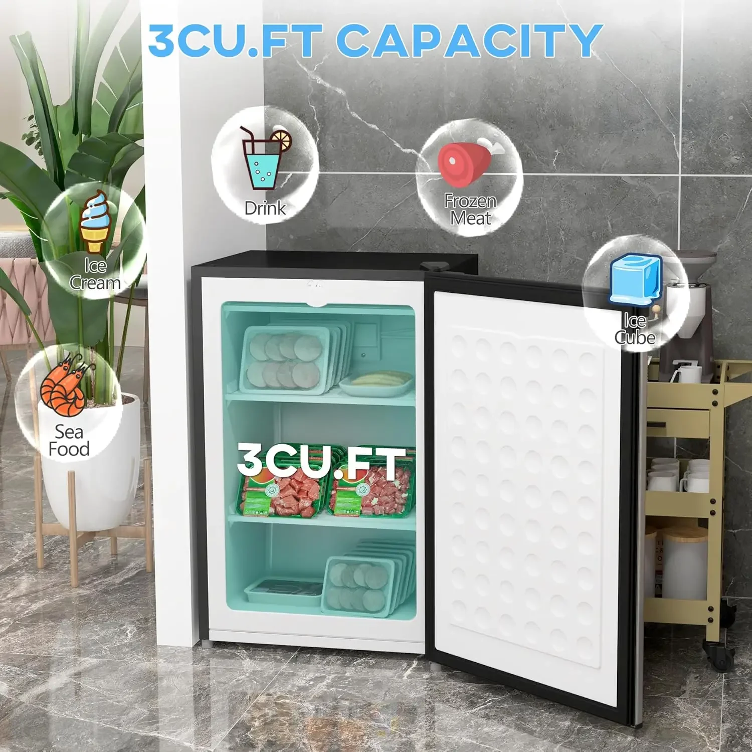 Upright Freezer, 3.0 Cubic Feet Compact Mini Freezer with Reversible Single Door and Adjustable Thermostat, Small freezer for Ho