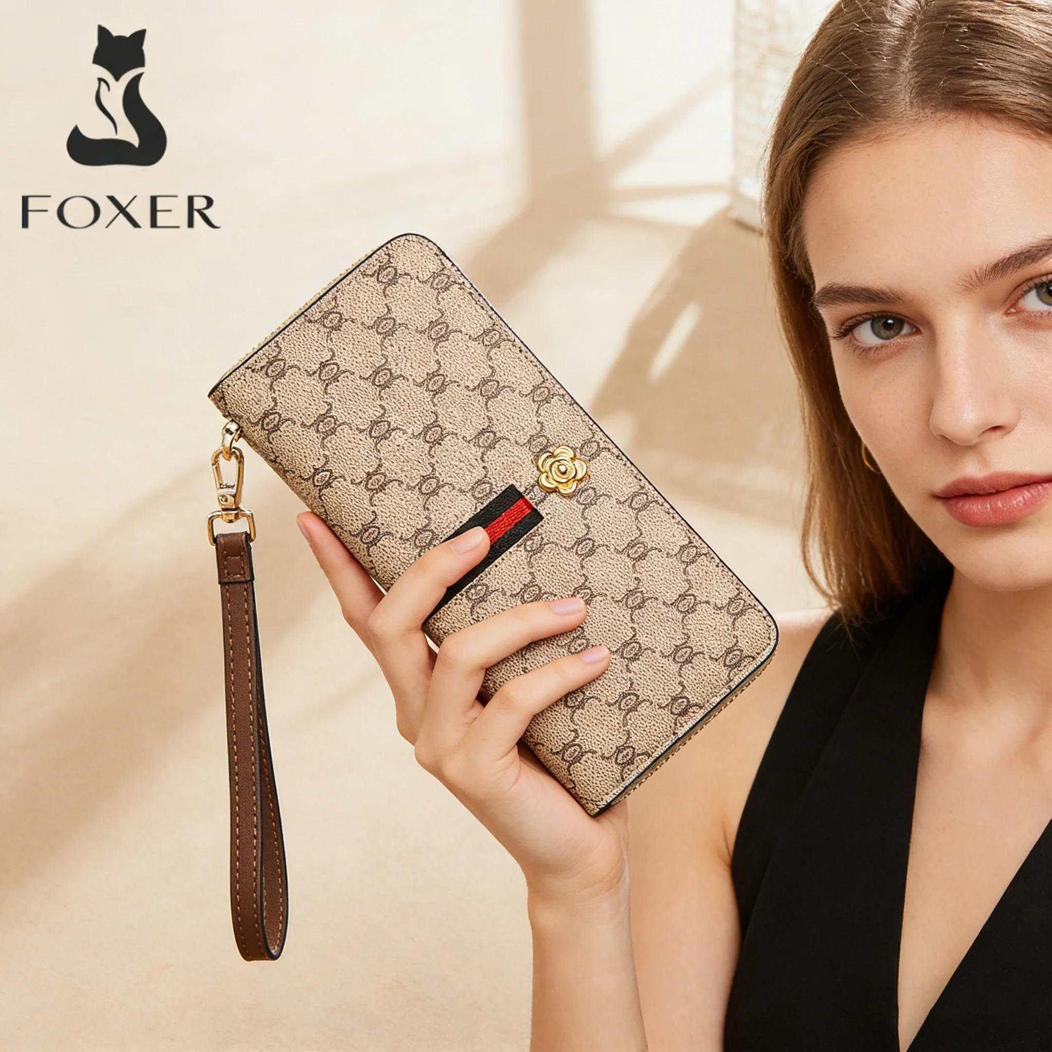 FOXER Women's Long Wallet PVC Monogram Zip Lady Card Holder with Wrist Strap Flower Decor Fashion Female Wristlet Phone Wallet