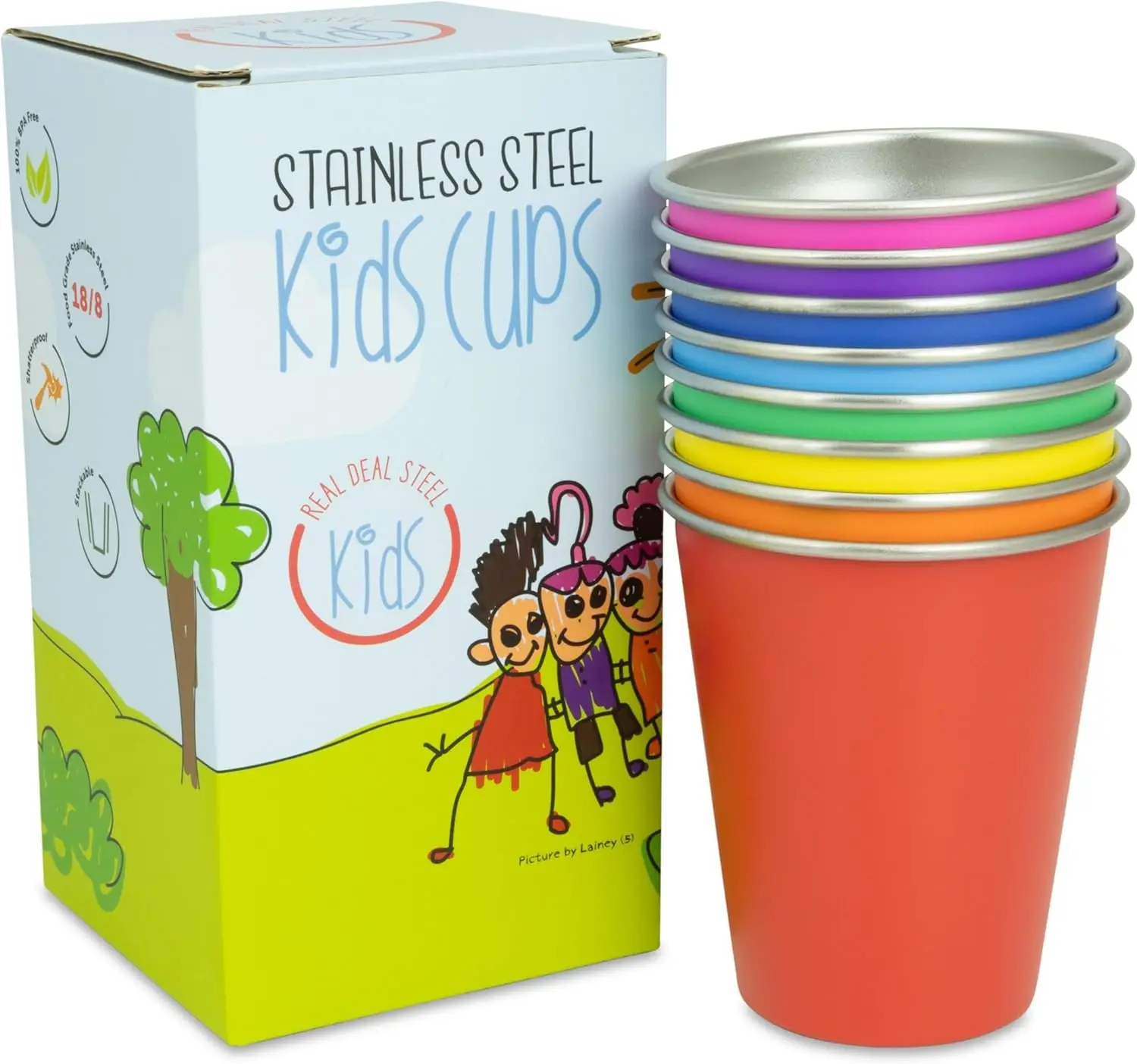 

8-Pack Rainbow Stainless Steel Kids Cups, Unbreakable BPA-Free 10 oz Drinking Glasses for Children