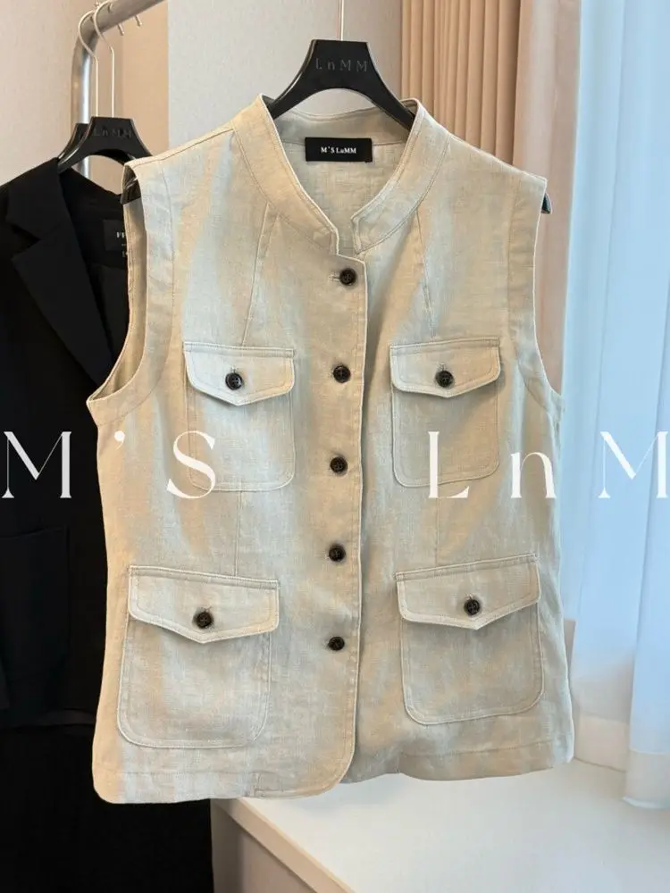 Autumn Safari Style Multiple Pockets Waistcoat Stand Up Collar Sleeveless Vest Coat For Women