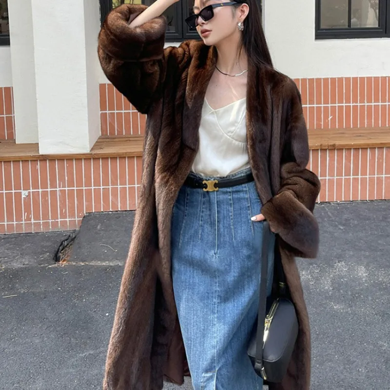 2024 New Woman Retro Mink Relaxation Coat Caramel V-neck Extended Artificial Mink Fur Slim Fit Fashion Comfortable Loose Coat