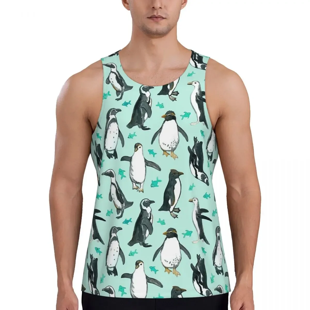 Quick Dry Lots Of Little Penguins On Mint Gym Tank Muscle Sleeveless Shirt Bodybuilding Breathable Vest