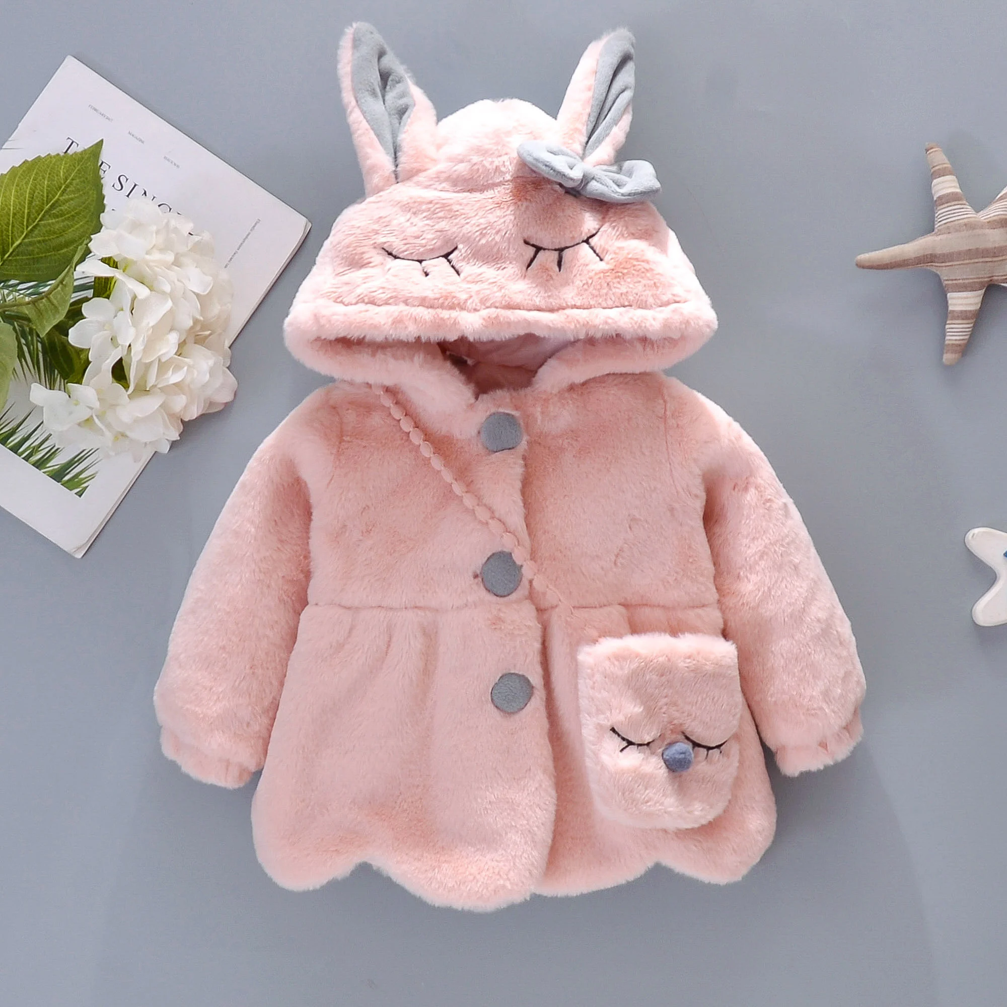 Baby Outerwear Winter Bow And Rabbit Ears Cartoon Pattern  Lambswool Girl's Warm Coat Hooded Cute Casual Baby Clothes With Bag