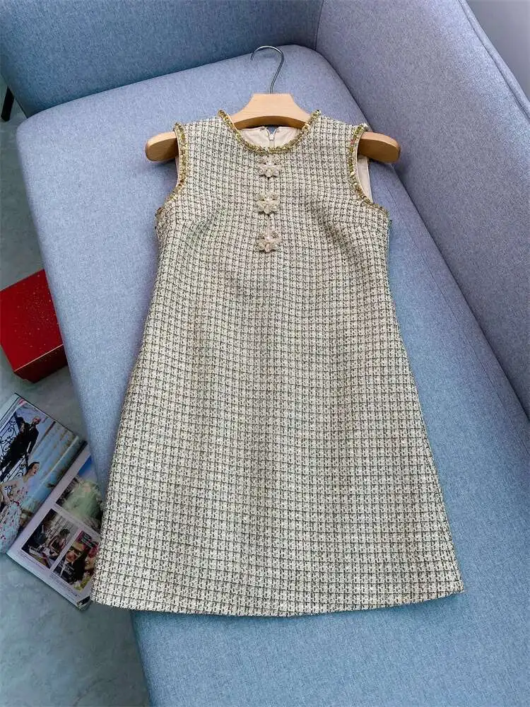 Quality Autumn Winter Beading Diamonds Gold Button Tweed Two Piece Set Women Dress Suits Jackets Coats Short Skirts 2pcs Outfits