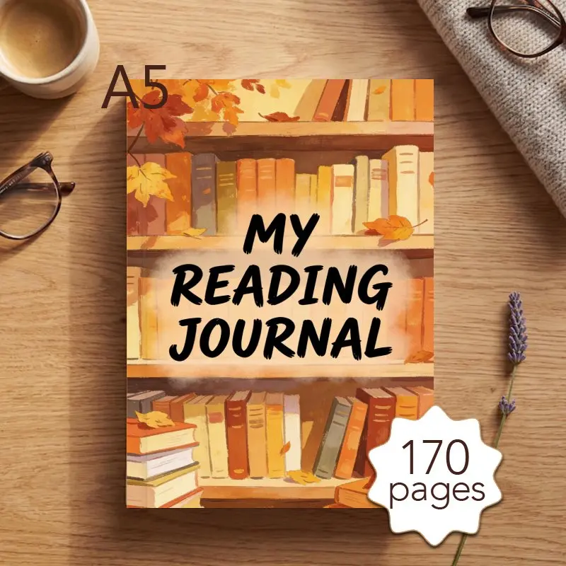 A5 Reading Journal, Reading Notebook with Bookshelf Illustration, Record Quotes, Notes & Reflections on Read Books