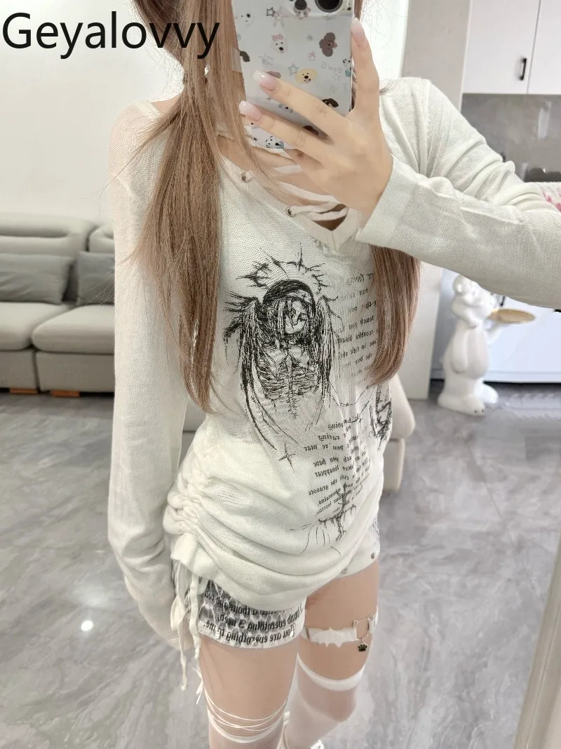 Japanische Original Neue Subkultur Spitze-Up Halter Gestrickte Dünne Pullover Frühling Herbst Neue Süße Mädchen Vielseitig Gedruckt Pullover