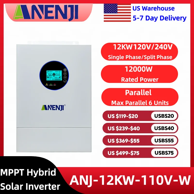 ANENJI 12KW 120V/240V Split Phase Hybrid Solar Inverter Built-in 200A MPPT Solar Charge Controller With WiFi Bluetooth For 48V LiFePO4/Lead Acid Batteries