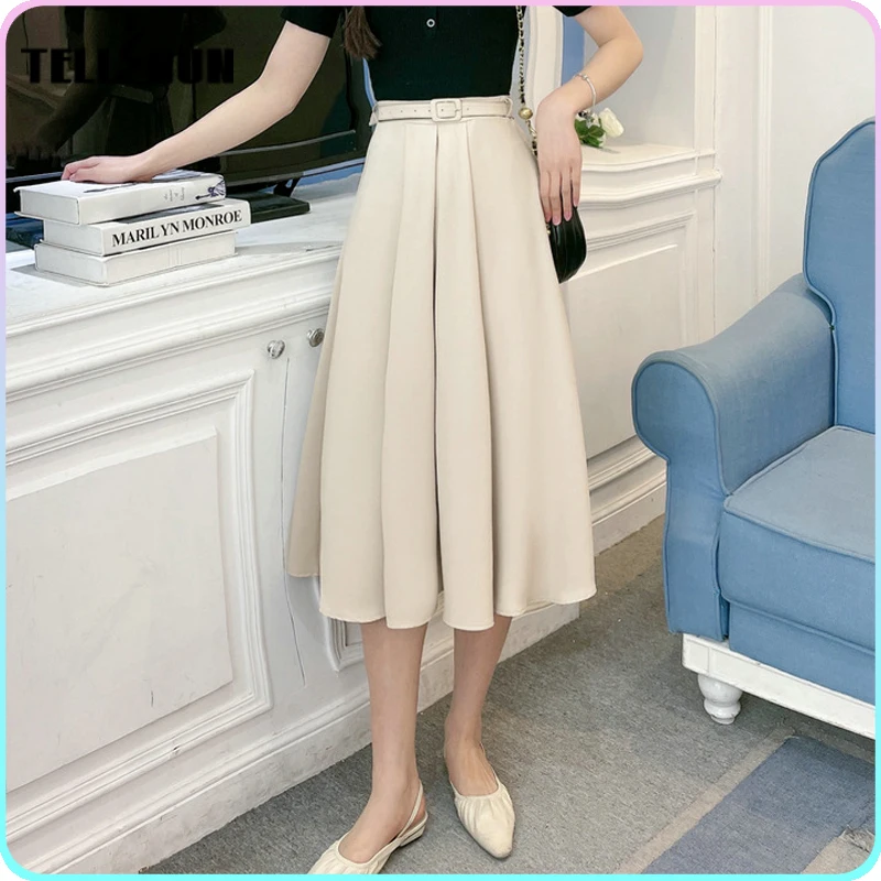 Autumn clothes for women Midi pleated stylish long Skirt with belt high waist office lady Elegant A-line dress Streetwear traff