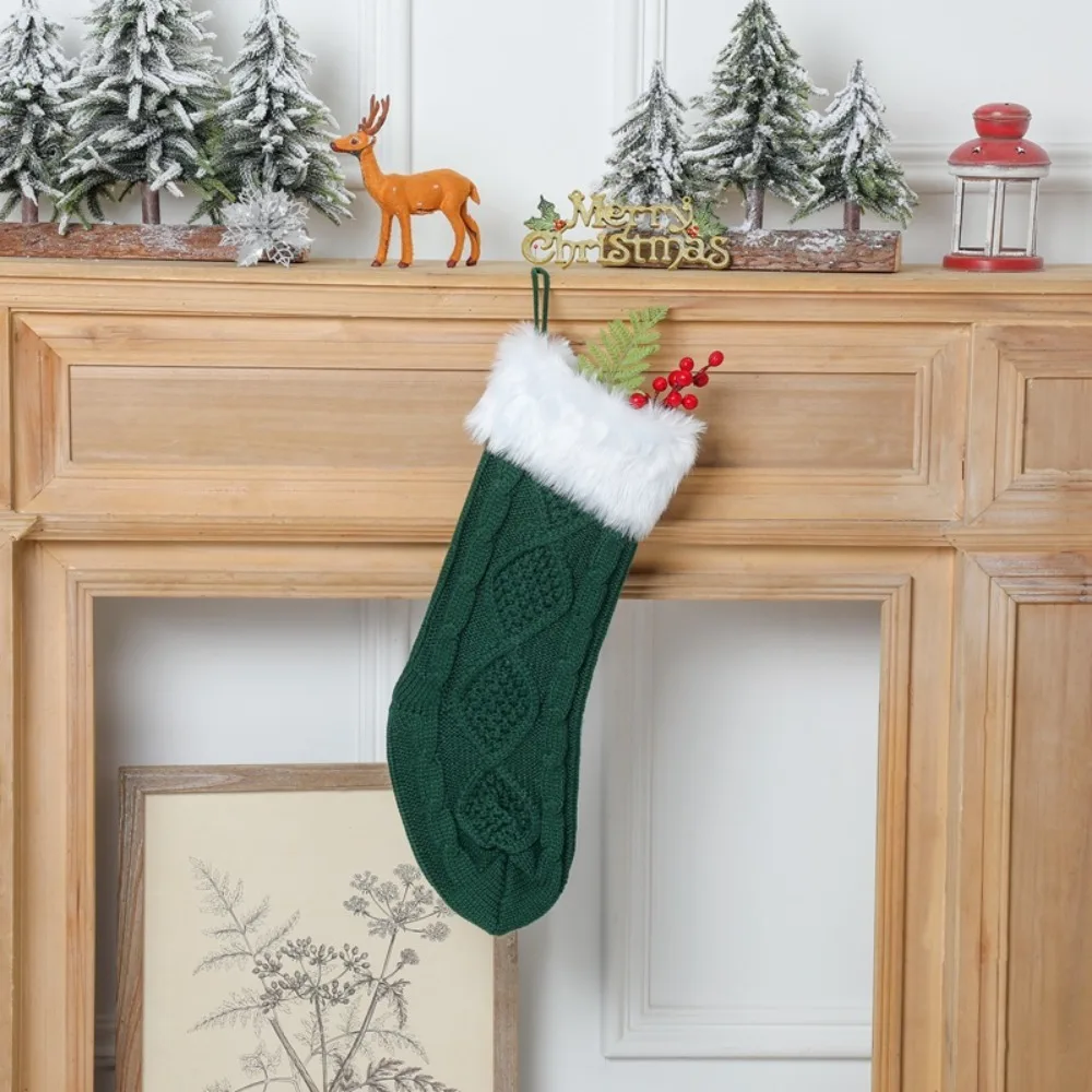 With Fluff Knitted Christmas Stocking Solid Color Large Size Christmas Gift Bag 18 Inches Christmas Tree Ornaments Kids