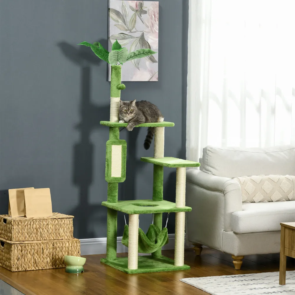 PawHut 56"Cat Tree for Indoor Cats with HammockCat Tower Scratching Post Platforms Play Ball Anti-tipping Device Indoor Green