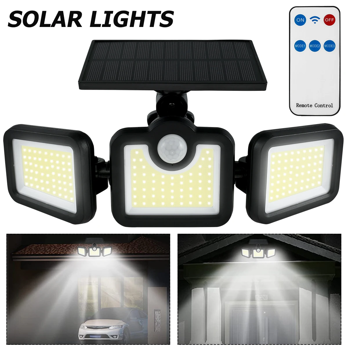 171 COB Solar Lights Outdoor Sconces Wall Lamp 3 Heads Solar Security Light Motion Sensor Spotlight With Remote Street Light