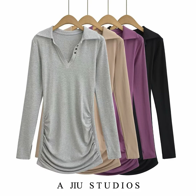 

American Sle Sexy Long Sve Collar Dr Women's Spring Summer Slim Fit V-Ne Wrap around ort Skirt