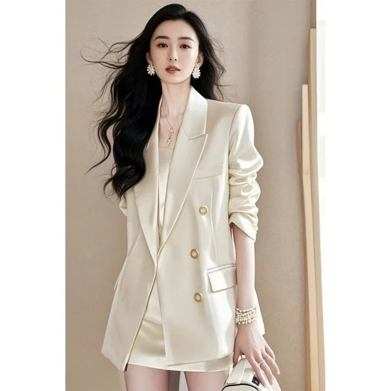 

Новый корейский модный осенний женский костюм высокого класса, элегантный пиджак с длинными рукавами + тонкое мини-платье на бретельках, офисный женский комплект из двух предметов